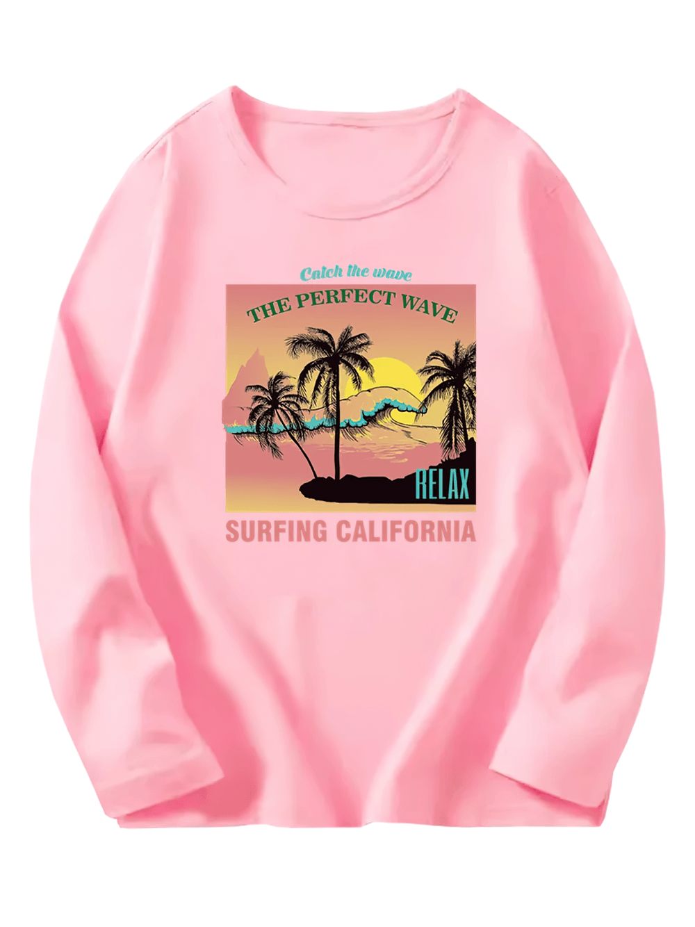 Surfing California Print Long Sleeve Top for Kids with palm trees and waves, pink color, perfect beach-themed casual wear.